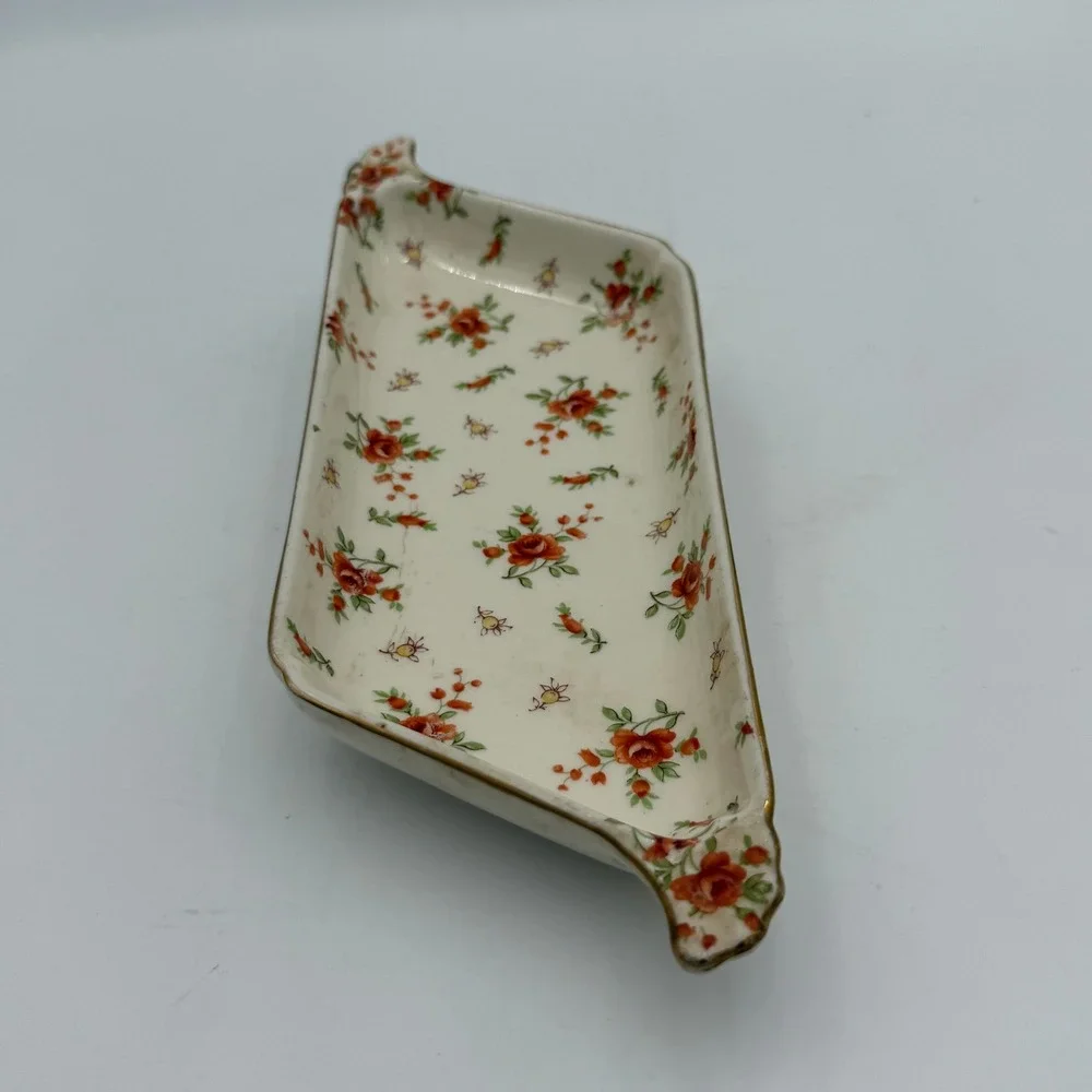 Vintage MM Japan Porcelain Trinket Dish Orange Rose Floral Gold Trim Tray
